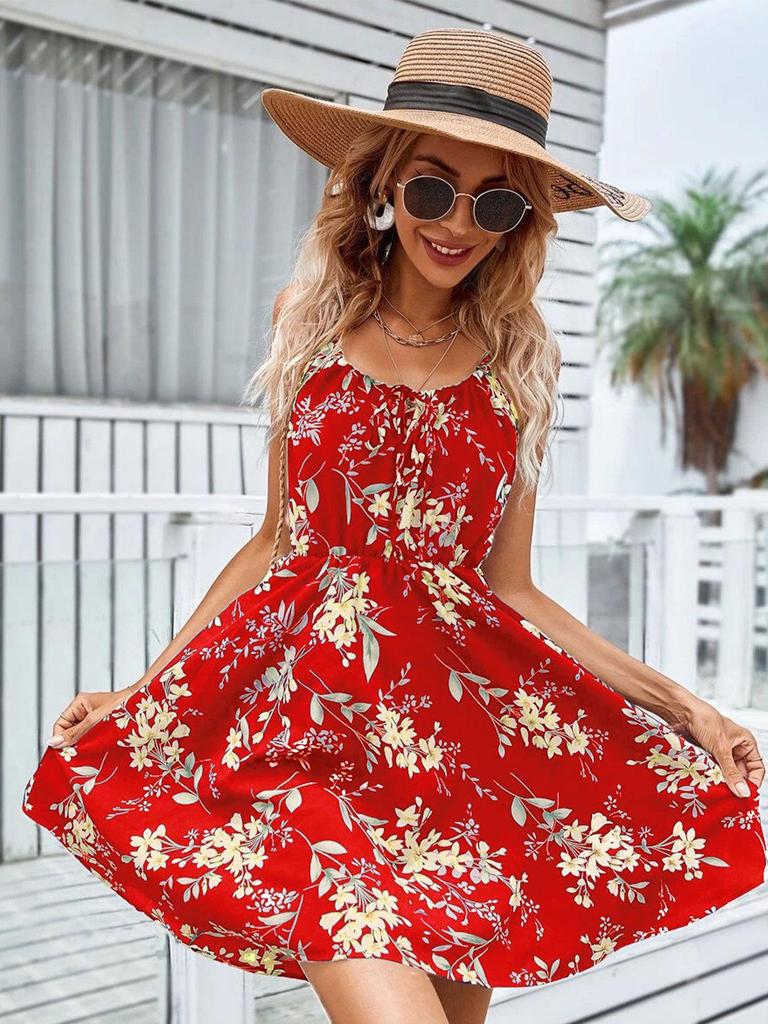 Fresh Floral Halter A-line Mini Dress with Tie Waist for Every Occasion