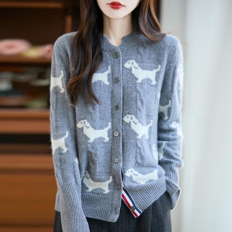 Women's Plus Size Knitted Jacquard Wool Cardigan - Long Sleeve Autumn/Winter Sweater