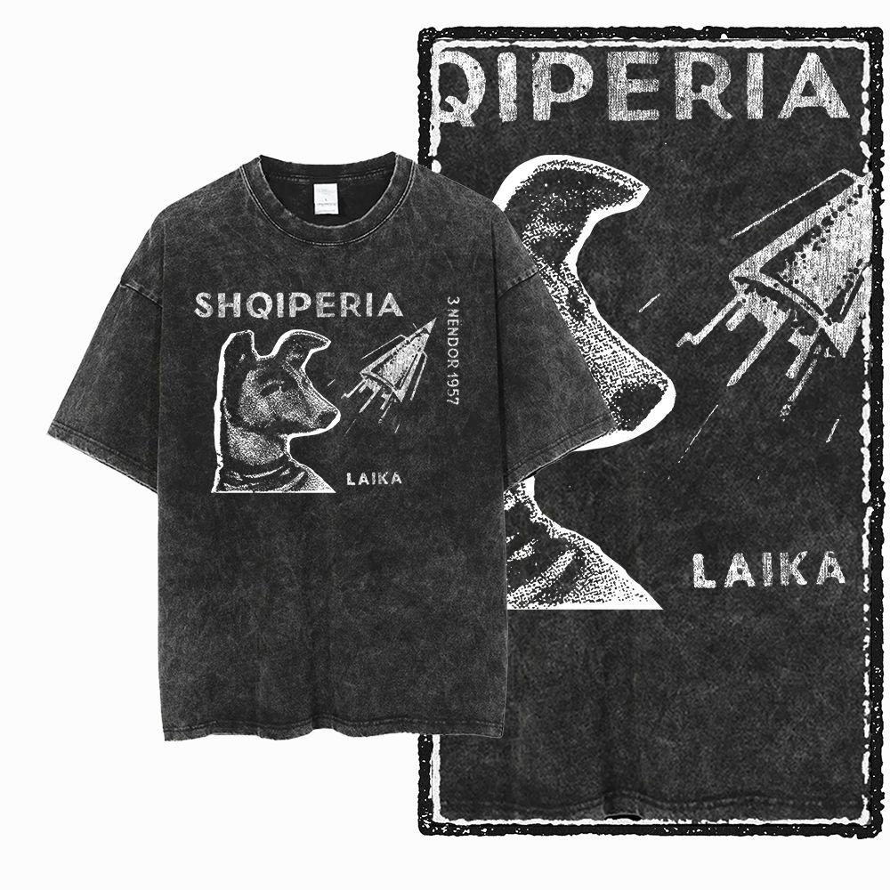 G Acid Washed Black Cotton Unisexs Streetwear Dog Laika GraphicTshirt Big Size Cool Vintage Oneck Unisexs Tee Tshirt