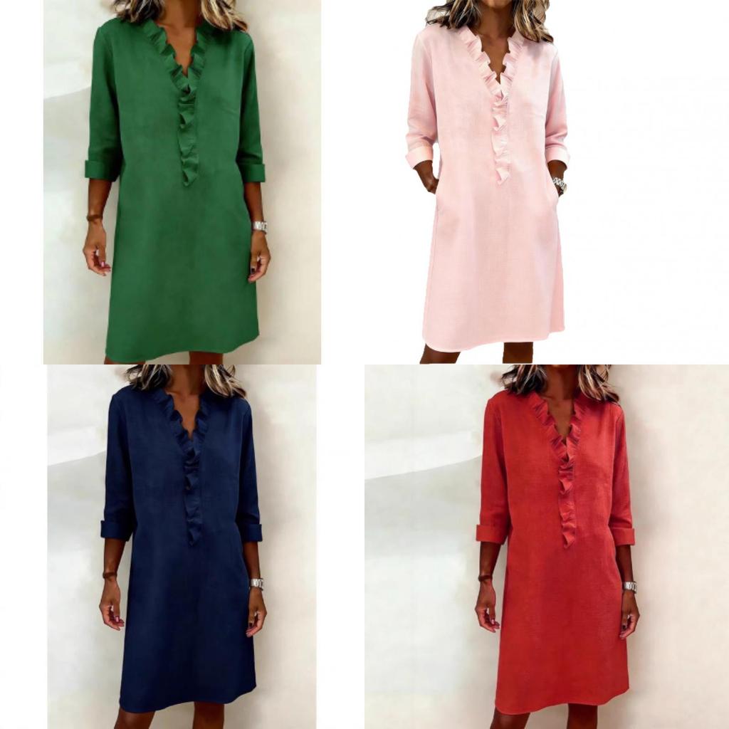 Ladies Long Sleeve Cotton Linen Shirt With Ruffle Trim For Casual Spring Wear