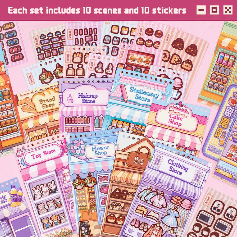 Store Stocking 3D Scene Sticker Book 10 Scenes PET Landscape Scene Sticker DIY Crafts Stacking Sticker Miniature Scene Sticker