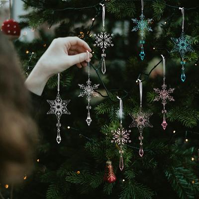 Yousheng 6 Pcs Acrylic Crystal Christmas Ornament Sparkling Clear Snowflake Hanging Ornaments with Drop Pendants for Winter Wonderland Chandelier Xmas