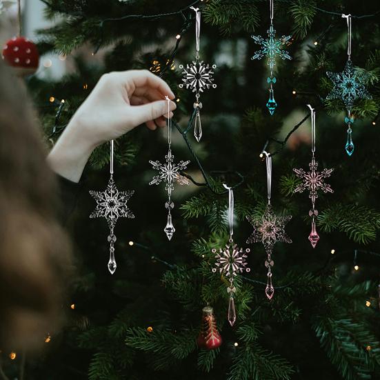 6 Pcs Acrylic Crystal Christmas Ornament Sparkling Clear Snowflake Hanging Ornaments with Drop Pendants for Winter Chandelier Xmas