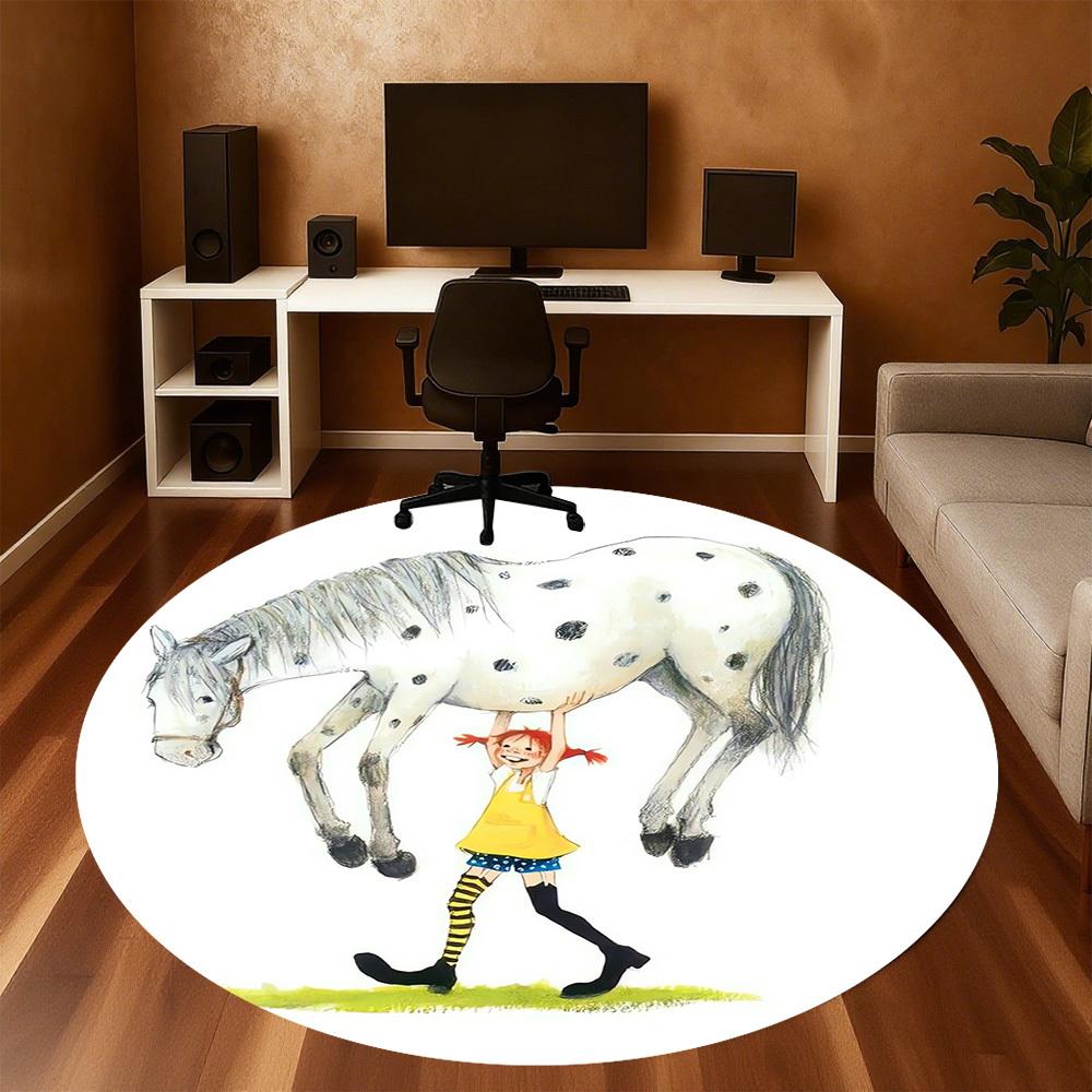 1pc Pippi Horse Round Chair Mat Area Rug - Non-Slip, Floor Mat for Office, Bedroom, Home Decor Christmas Gift P0811343