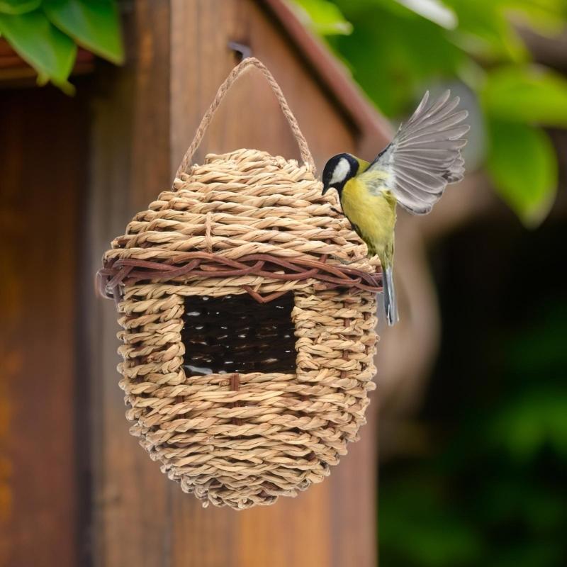 Small Hanging Bird House for Outdoor Handwoven Grass Hummingbirds Nest for Garden Shelter Place for Finches Bird Supply