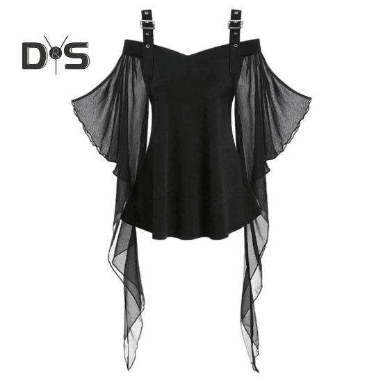 

Женский топ для Хэллоуина, костюм для вечеринки на Хэллоуин, рукав «летучая мышь», кружево, кисточки, регулируемый плечевой ремень, А-силуэт, облегающий однотонный женский топ для косплея M чёрный