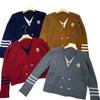 2024 Autumn/Winter Women's Preppy V-Neck Color Block Double-Breasted Long Sleeve Knit Sweater with Layered Look