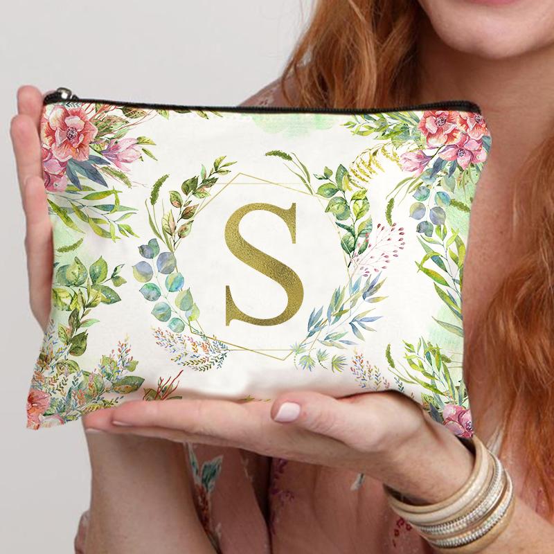 Pattern Letter Initial Makeup Bag Women's Essential Travel Shopping Use Zipper Handbag Party Wedding Storage Bag
