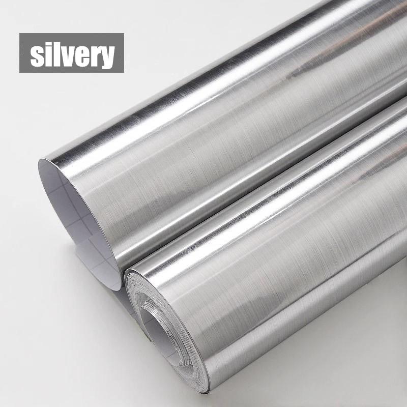 

Серебристые самоклеящиеся обои для стен 40 см Обои для кухонных шкафов Украшение комнаты для холодильника Водонепроницаемые Рисунок проволокой из нержавеющей стали 40cmX100cm