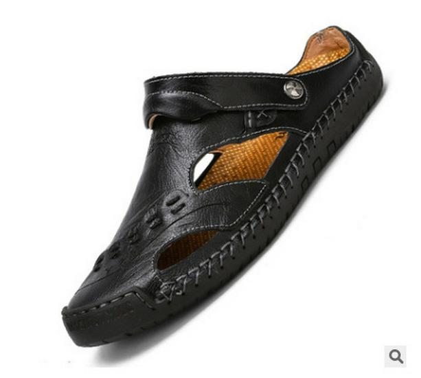 Men s 2018 Summer Breathable Cowhide Slip-On Leather Sandals for Casual Beach Wear 46