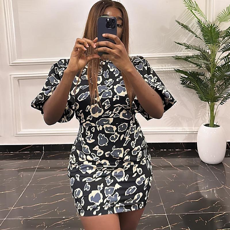 Women's Fashion Sheath Dress Printed Lantern Sleeve Dress Shoulder Pad Midwaist Street Bag Hip Dress