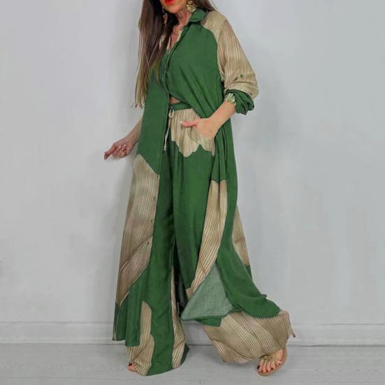 Women V-neck Patchwork Printed Top And Pants Suit Contrasting Color Commuting Set Wide-leg Trousers And Extra-length Top Loose Fit