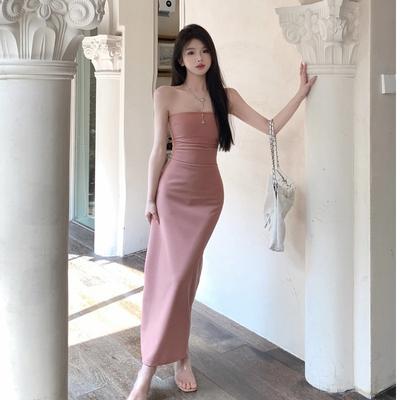 Sweet Spice Girl Shoulder Tub Top Dress Women's Summer Thailand Travel New Pure Desire Skirt Split Skinny Long Dress