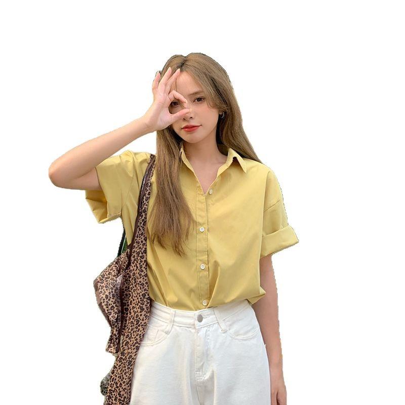 Cămașă cu mânecă scurtă de culoare uni pentru femei pentru primăvară și vară, subțire, stil retro Hong Kong, design de cămașă, stil nișă, top lejer casual