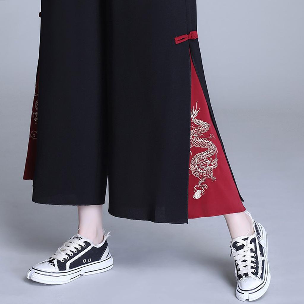 Wide-leg Trousers For Women, Summer Loose Chinese-style Chiffon Nine-point Trousers, High-waist Dance Culottes, Drapey Slit Culottes
