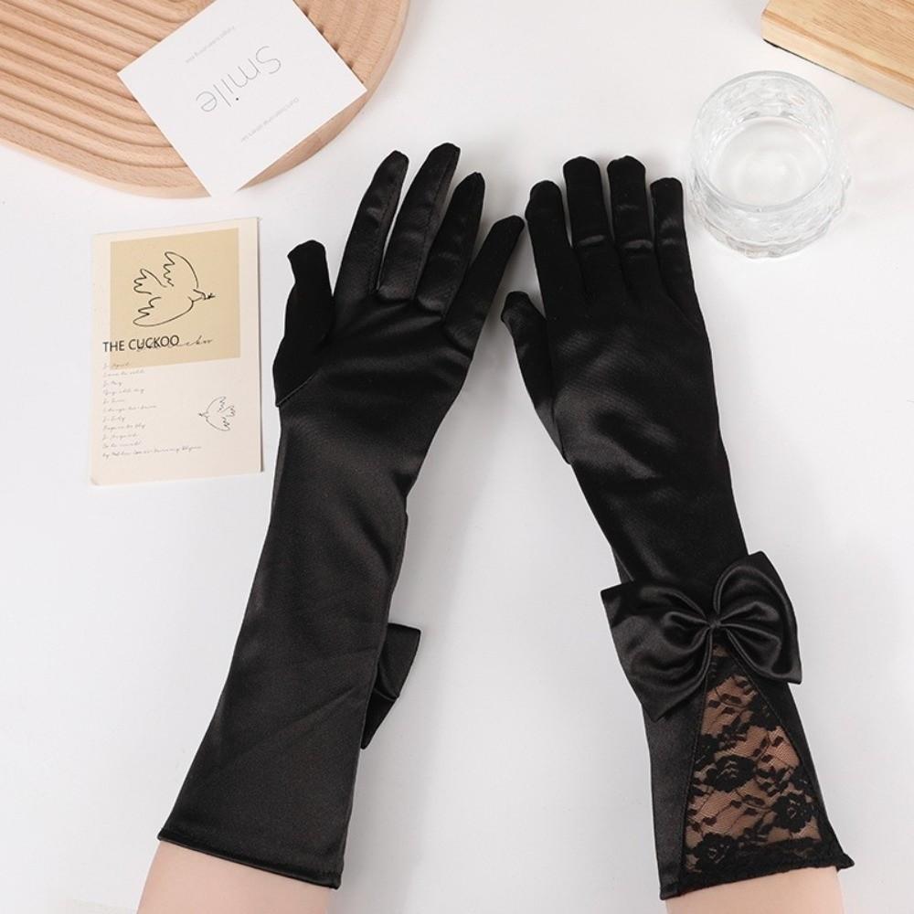 Bowknot Satin Bride Gloves Long Sleeves Etiquette Gloves Wedding Dress Accessories