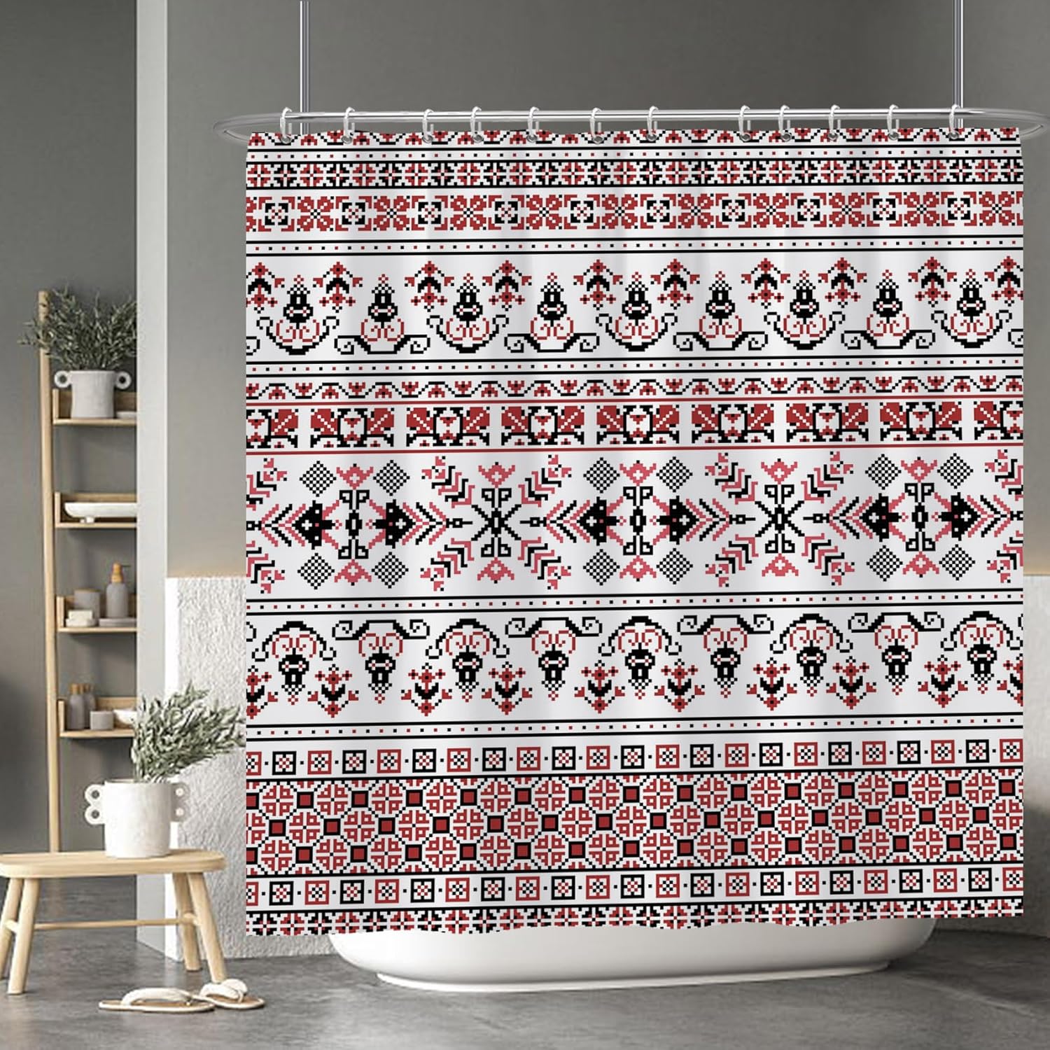 

Christmas Sweater Shower Curtain Red Black White Pattern Bathroom Decor Holiday Theme Nordic Design Festive Look Cozy Style Bath W60H190(CM)-1 Pcs