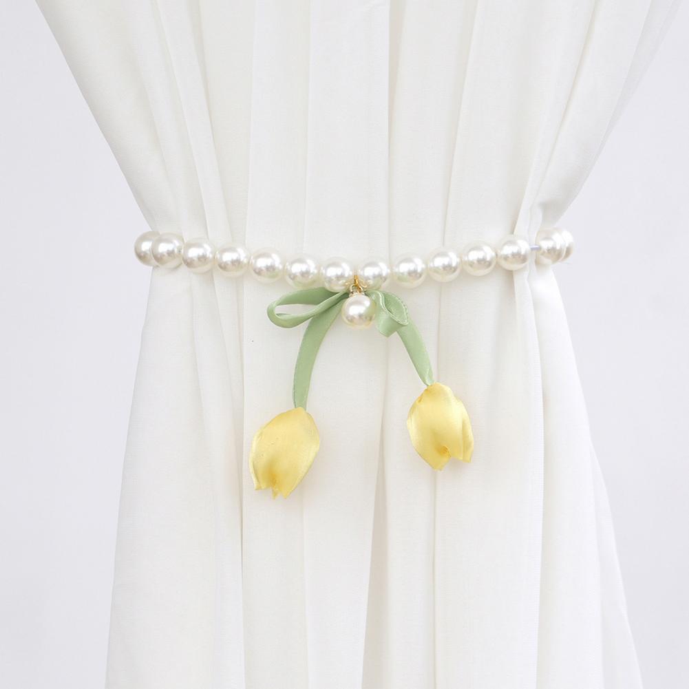 Magnetic Curtain Tiebacks, with Pearl And Tulip Buds Decor, Easy Fixing No Drilling Curtain Ties for Home Bedroom Living Room