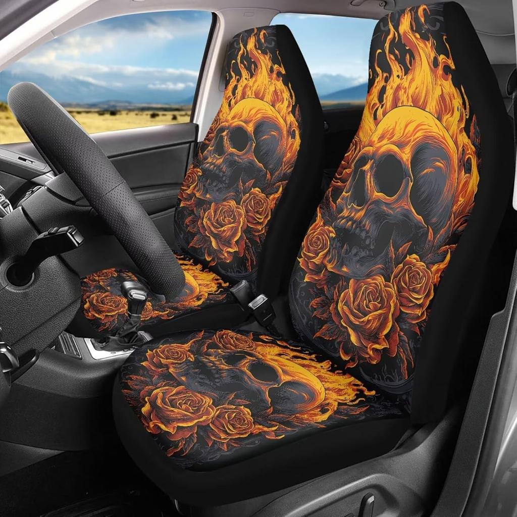 Bulopur Cute Black Gray Skull Set of 2 Car Seat Covers Universal Auto Front Seats Protector Fits for Car,SUV Sedan,Truck