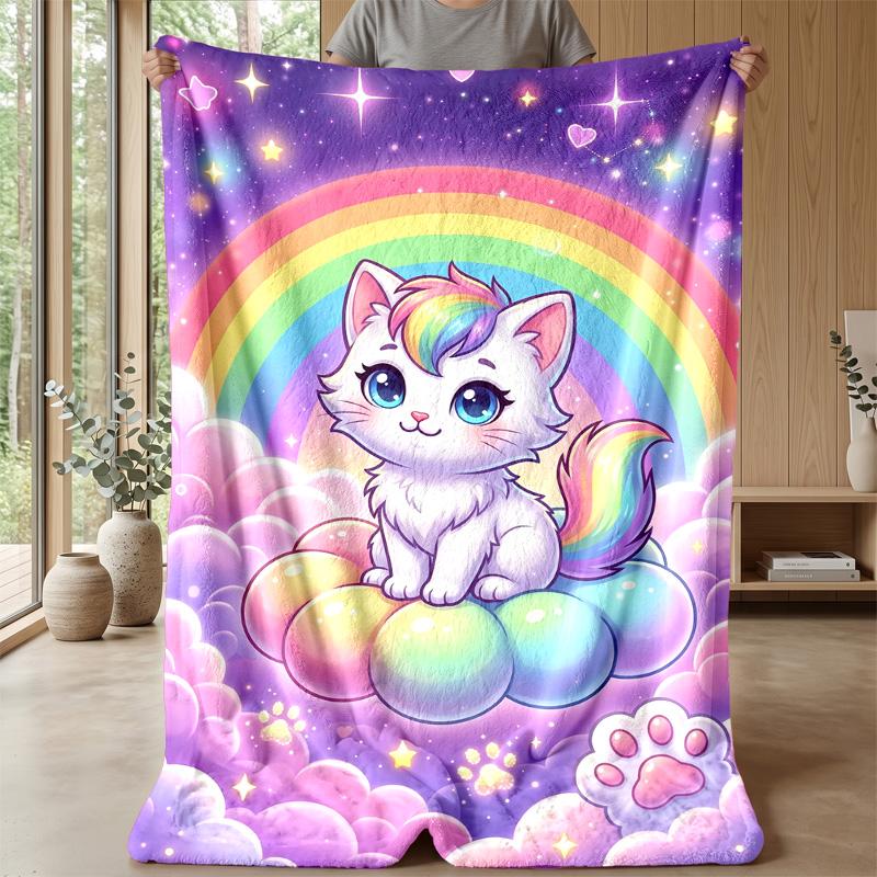 Rainbow Cat Dreamscape 1 Theme Blanket Lightweight Warm Flannel Blanket Decorative Throw Blanket for Home Decoration