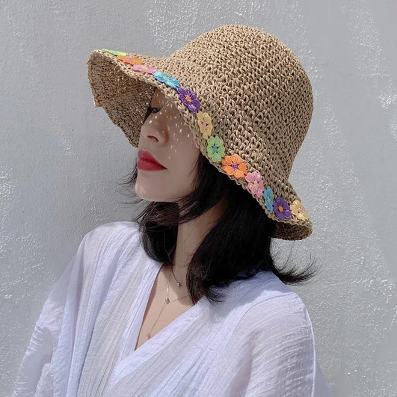 Bohemian Floral Straw Sun Hat for Women Summer UV Protection Foldable Beach Sun Hat