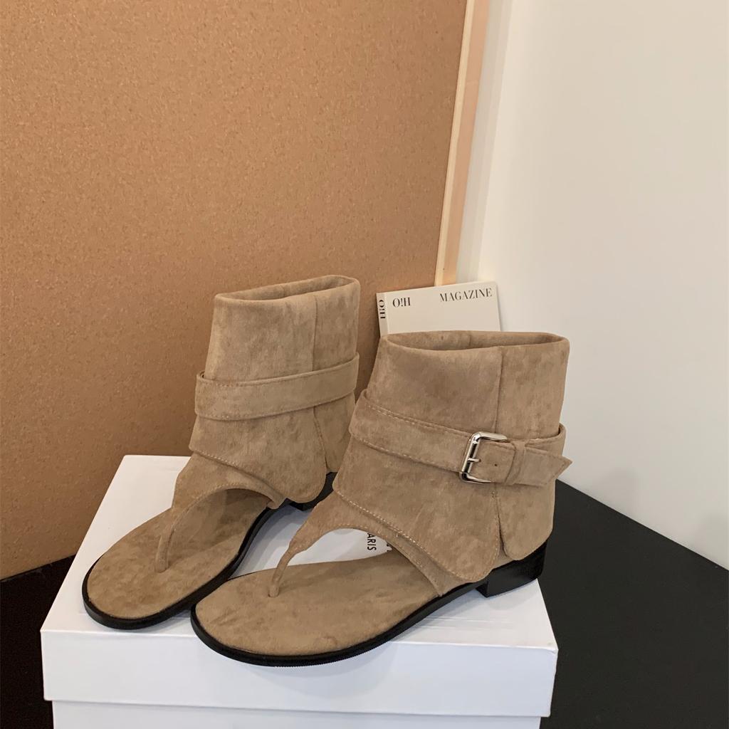 Salto grosso bico cáqui botas frescas botas curtas botas femininas 2025 novo verão com saia botas western sandálias de verão