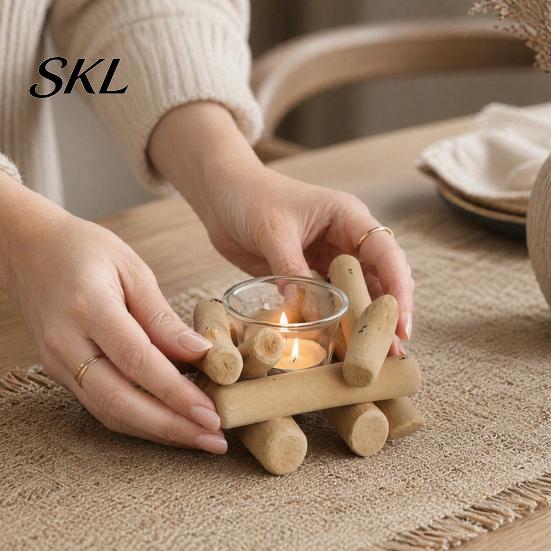 Stable Wood Candle Stand Wooden Glass Holder, Rustic Driftwood Ornament, Farmhouse Rural Home Decor Holder Tabletop for Living Room Bedroom