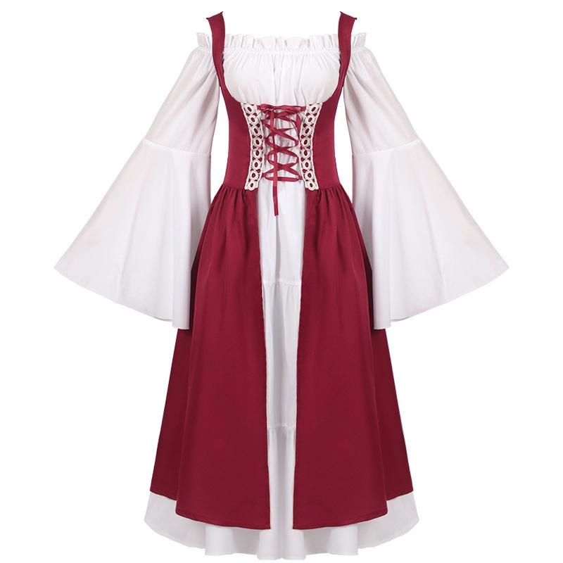 Medieval Women Victorian Long Red White Dress High Waist Design Parties Cosplay