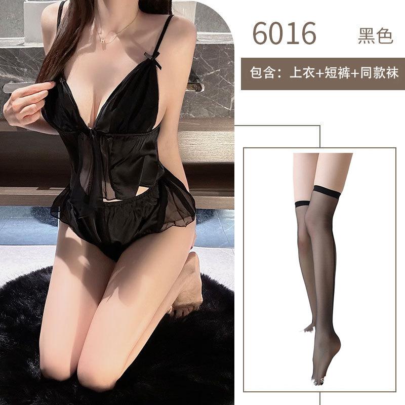 Sex Sexy Underwear Women's Summer Ice Silk Thin Sex Fun Front Open Lace Perspective Set