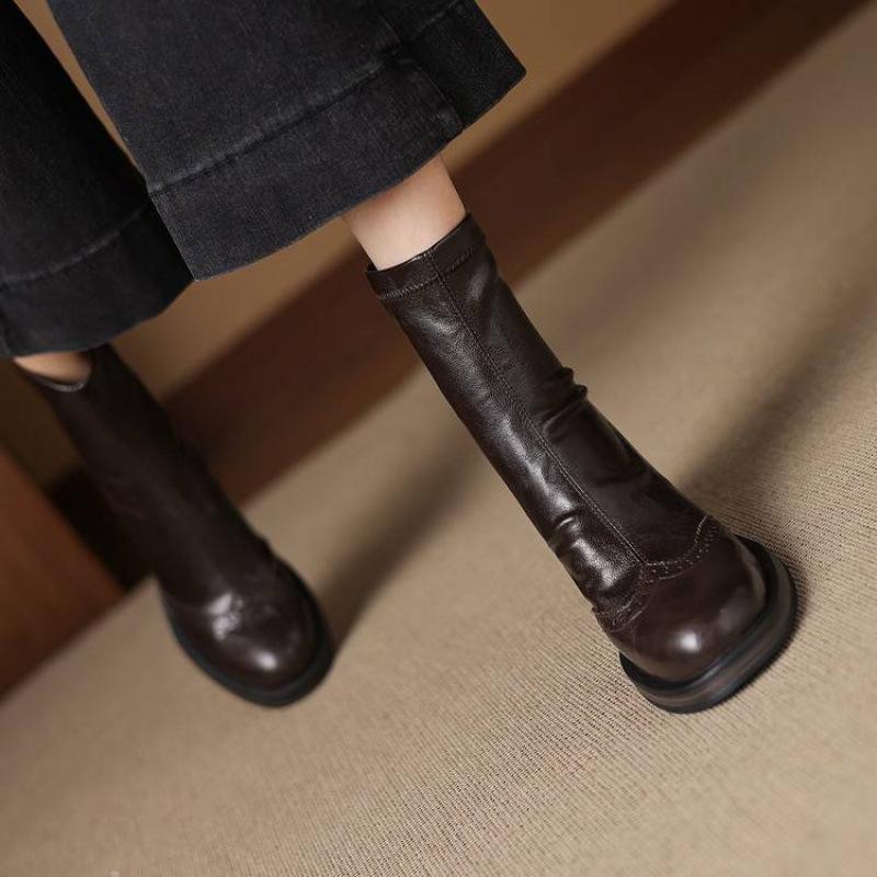 New women's high-heeled large-size medium boots rear zipper non-slip Martin boots Korean version round head rubber sole square heel women's boots