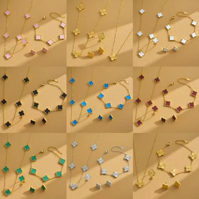 4PCS Klaver Set Bloem Roestvrijstalen Ketting Ovengeplateerd 18K Gouden Ketting