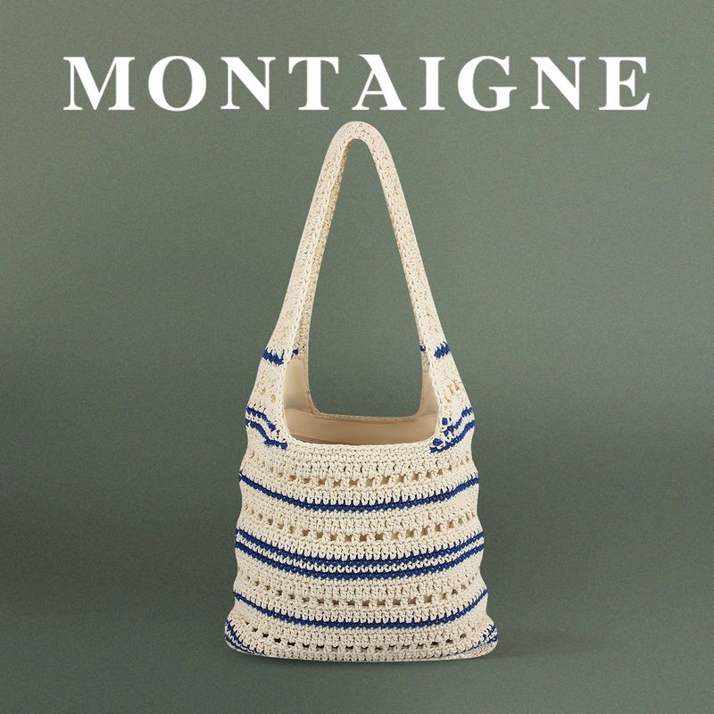 

French Montaigne Hand-Woven Shoulder Vacation Cotton Thread Tote Bag Large Capacity Commuter All-match Bag Blue-Blue