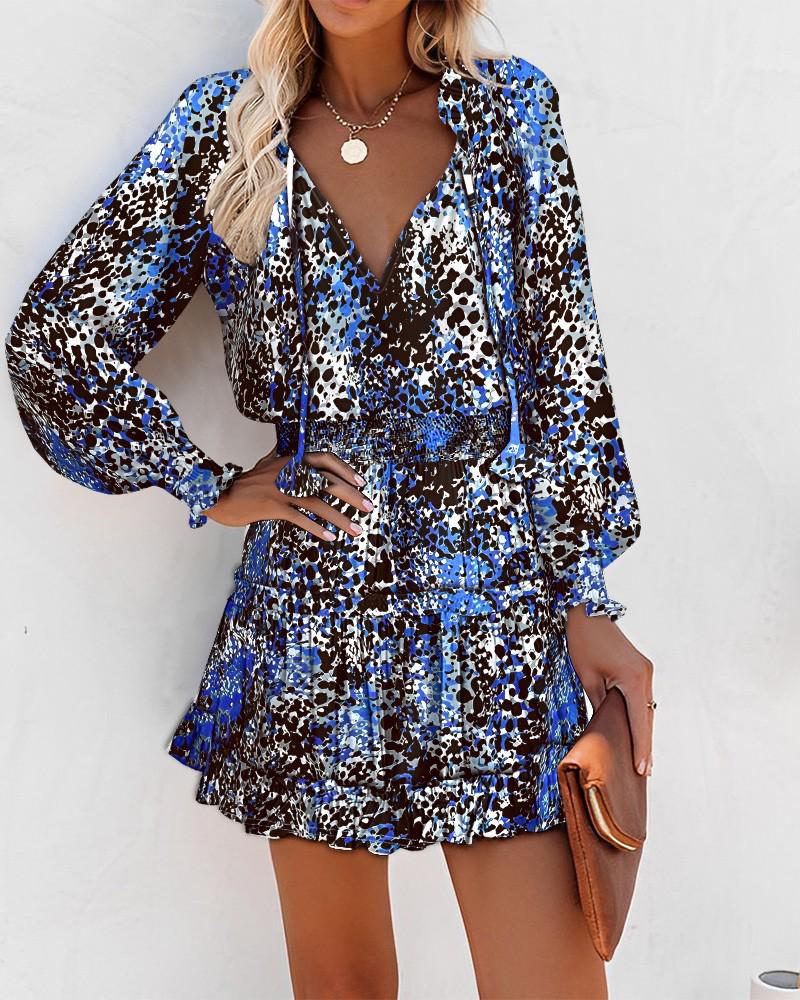 Trendy Women's Print V-Neck Waist-Cinching Dress with Long Sleeves