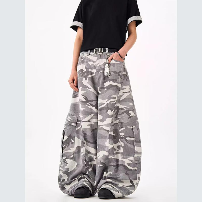New American retro camouflage tooling wide-leg pants men's and women's loose trousers casual scimitar jeans