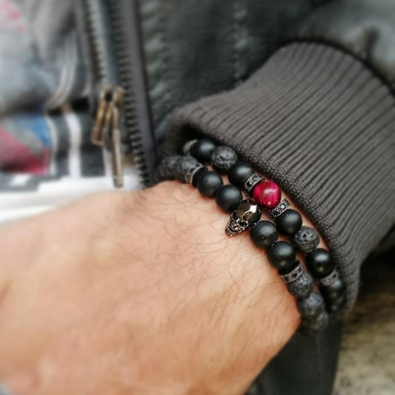 New Men's Beaded Bracelet Set, Map Stone Black Gallstone Cross Bracelet Elastic Bracelet Combination