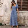Damen Sommerkleid Langes Maxikleid mit Blumendruck, quadratischem Ausschnitt, kurzen Puffärmeln und hoher Taille, A-Linie, Freizeit
