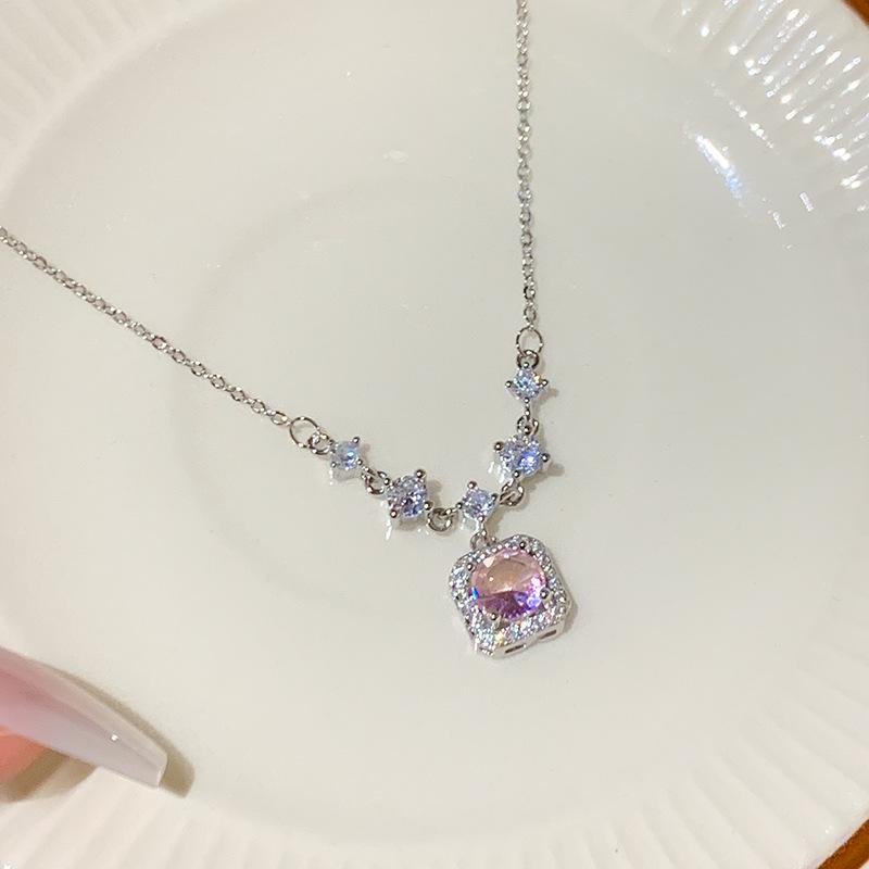 S925 Silver Zircon Clavicle Necklace with Sugar Cube Pendant - Luxury Jewelry for Girls