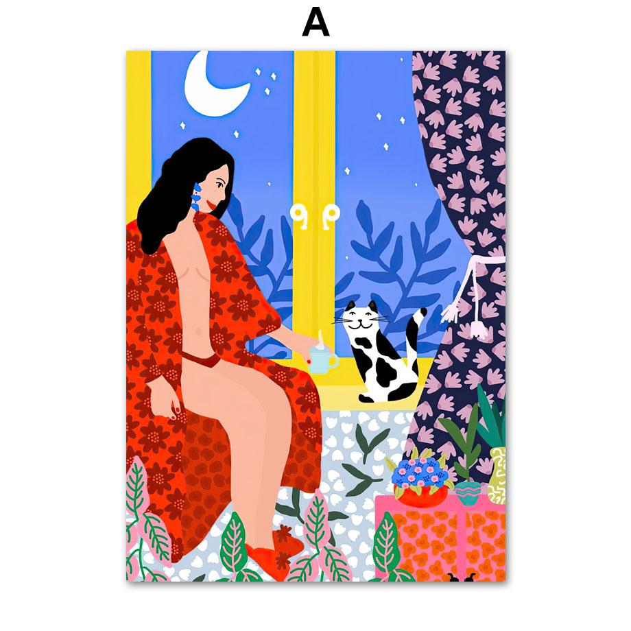 Nordic Retro Poster Boho Abstract Colorful Girl Flower Leaf Animal Wall Art Print Canvas Painting Decor Pictures For Living Room