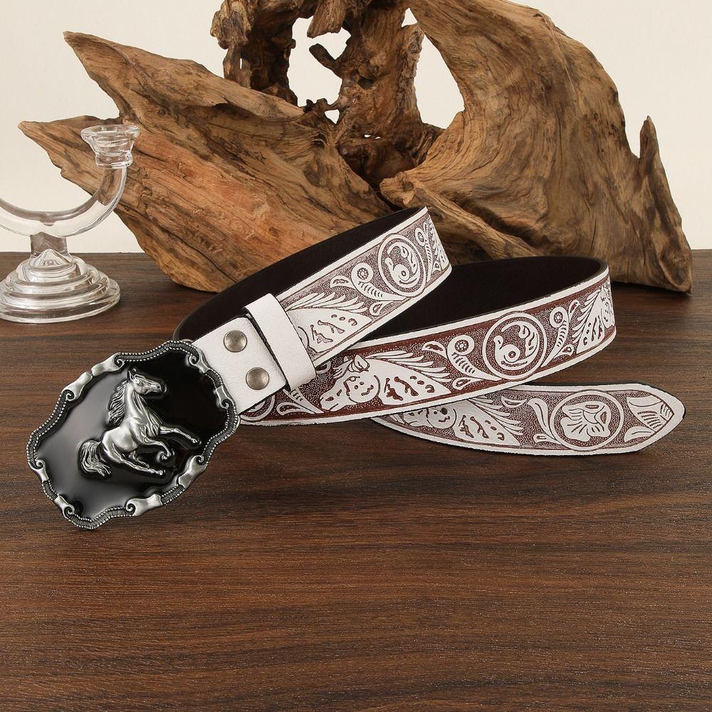 Luxury Design Floral Embossed Belt Running Horse Buckle Rodeo Outfit Waist Strap For Men Woman