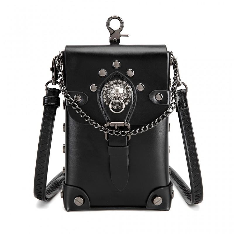 Steampunk Vintage Mini Square Crossbody Bag Women PU Leather Rivet Chain Detail Zip Phone Pocket