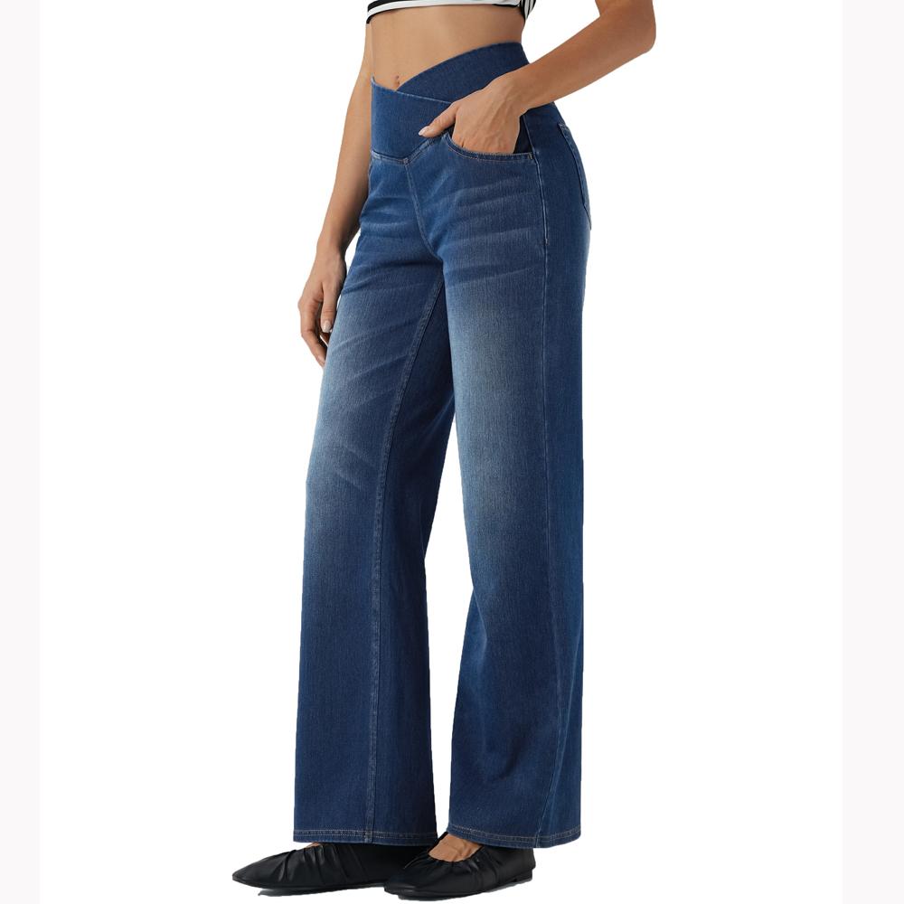 Shascullfites High Waist Dark Blue Wash Stretch Denim Jeans for Women Soft Casual Straight Crossover Fit with Pockets