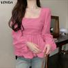VONDA Womens Square Collar Long Sleeve Ruffled Casual Rumple Blouse Shirts