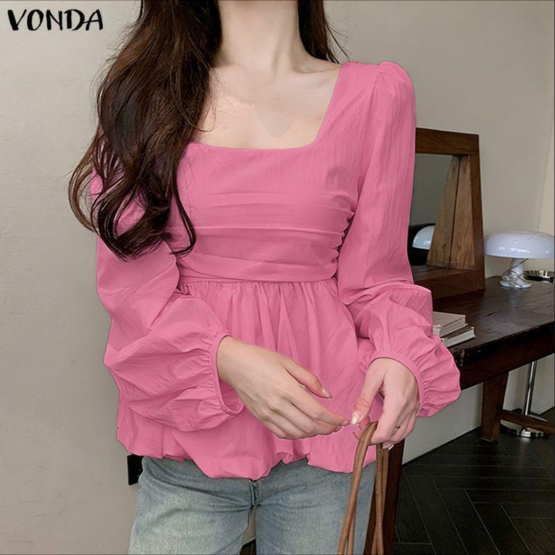 VONDA Womens Square Collar Long Sleeve Ruffled Casual Rumple Blouse Shirts