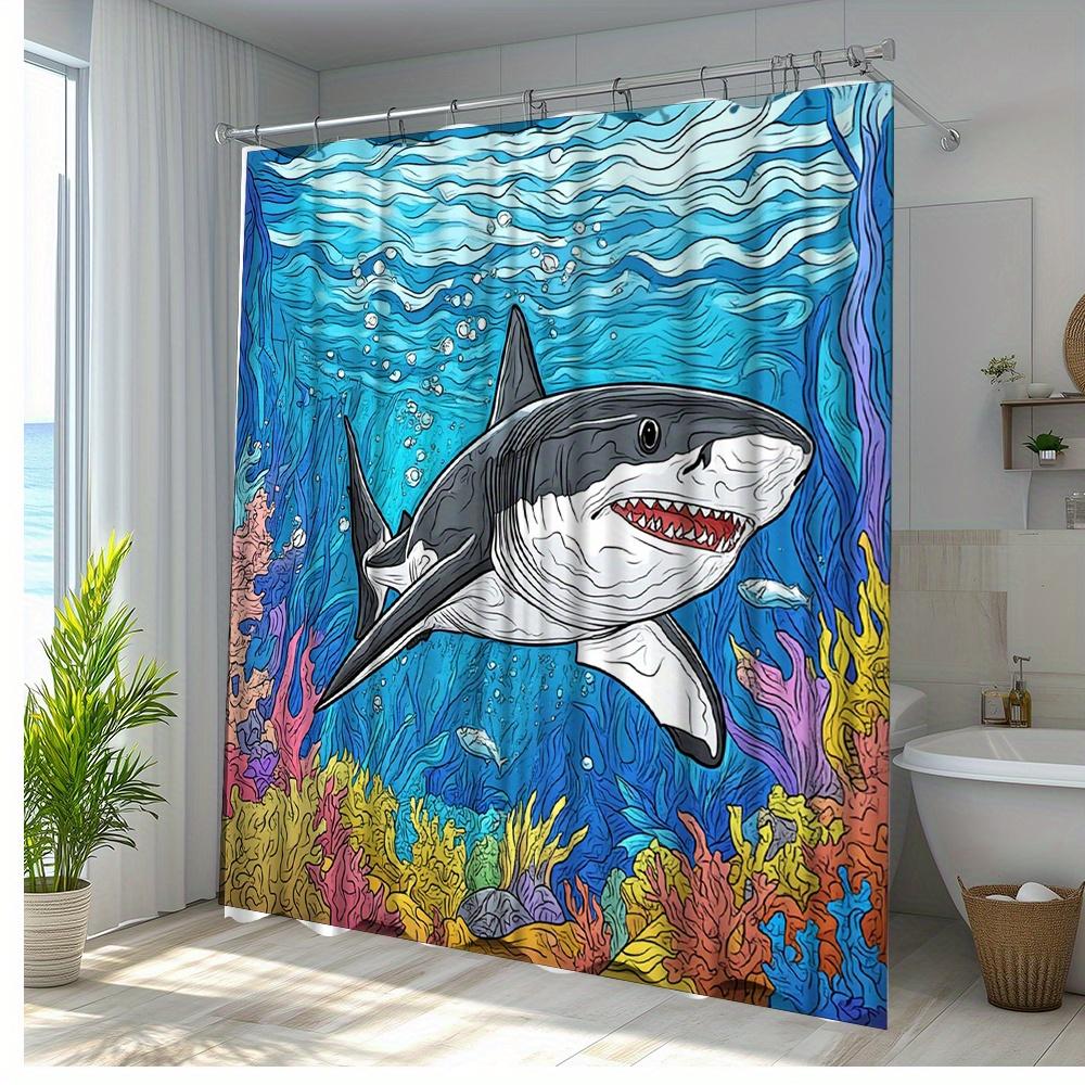 1Pc Shark Pattern Shower Curtain - Vibrant Underwater Marine Life Design With Coral Reefs & Fish, Durable Polyester Fabric,