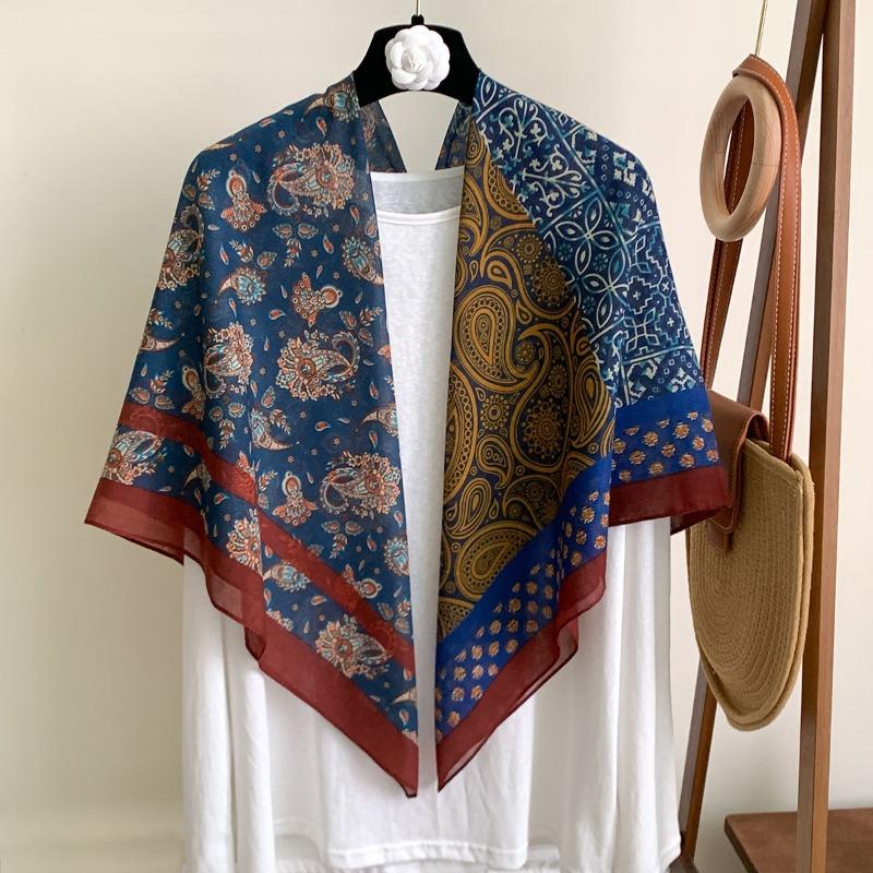 [Variety sunscreen shawl retro printed square scarf women's summer silk cotton silk scarf