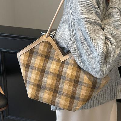 Velkokapacitní taška pro ženy, kostkovaná, oblíbená všestranná vlněná retro taška, zahraniční ležérní taška přes rameno