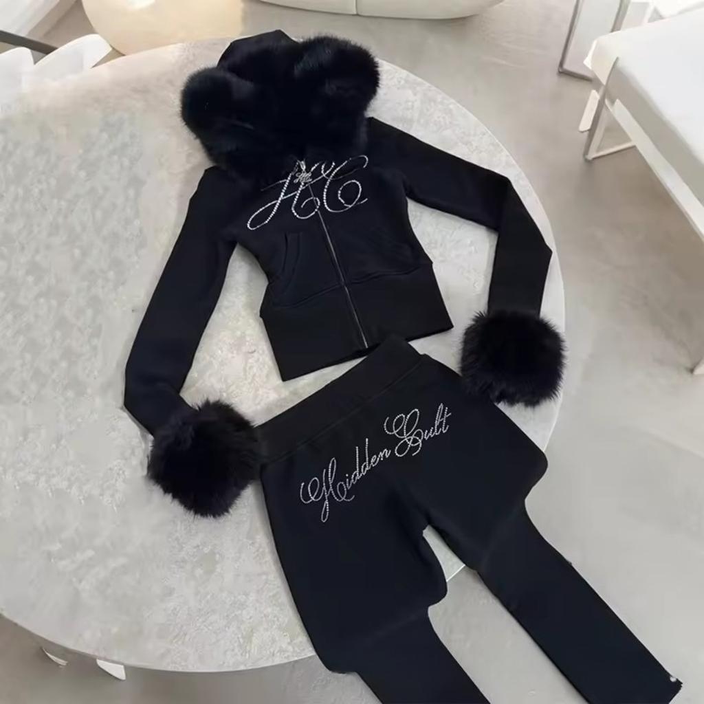 Autumn Winter Casual Sports Solid Color Splicing Knit Hoodie 2 Piece Sets Woman Outfit Pantsuits