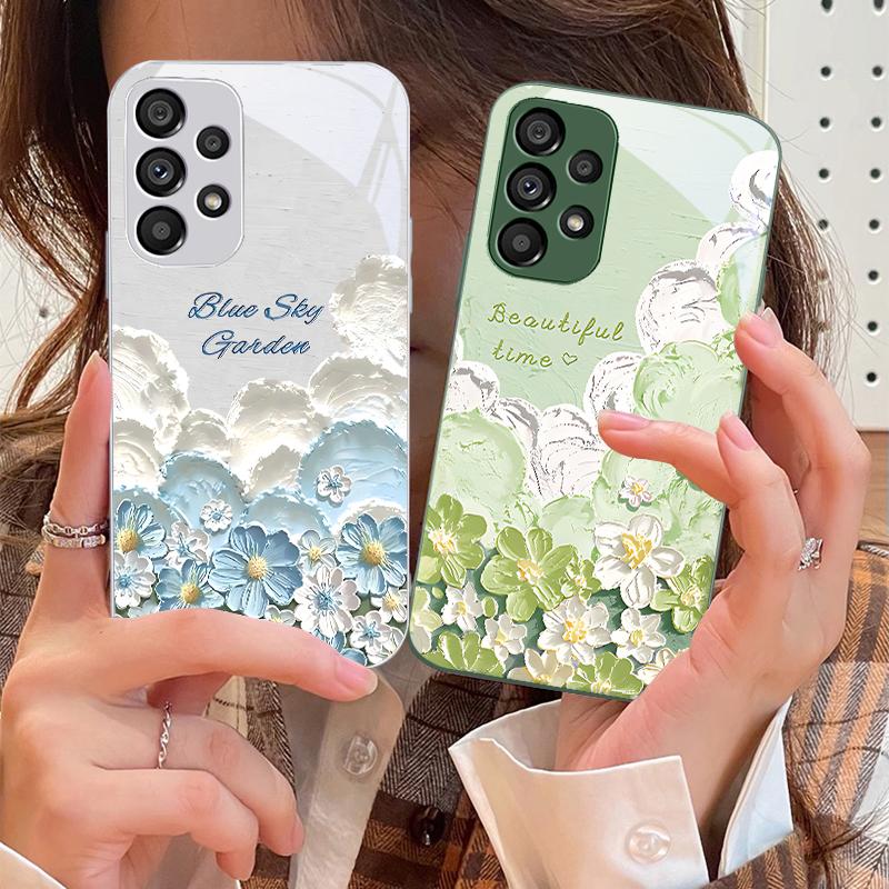 Oil Painting Flower Blue For Samsung Galaxy S10 4G S20 11E 30 S21 21Fe 22 S24 Pro S23 Ultra 5G S8 S9 Tempered Glass Phone Case