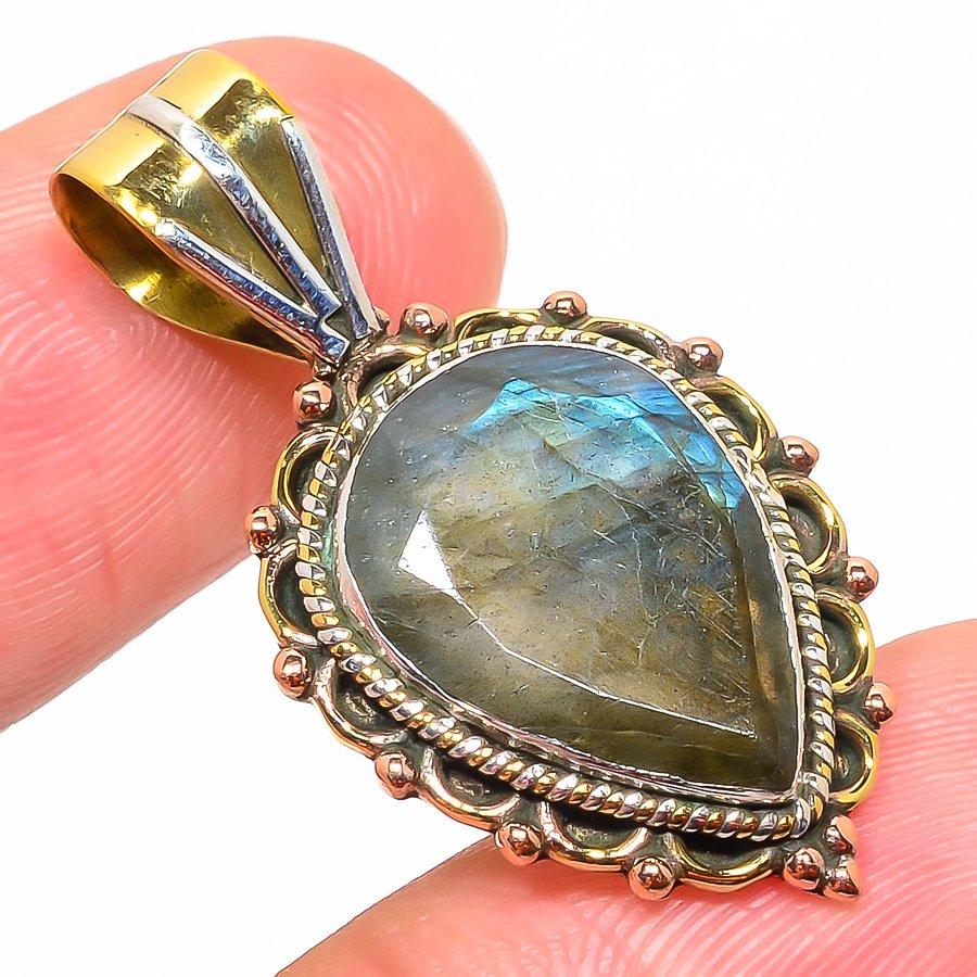 Natural Labradorite TwoTone 925 Solid Sterling Silver Jewelry Pendant 1.50" S5A53