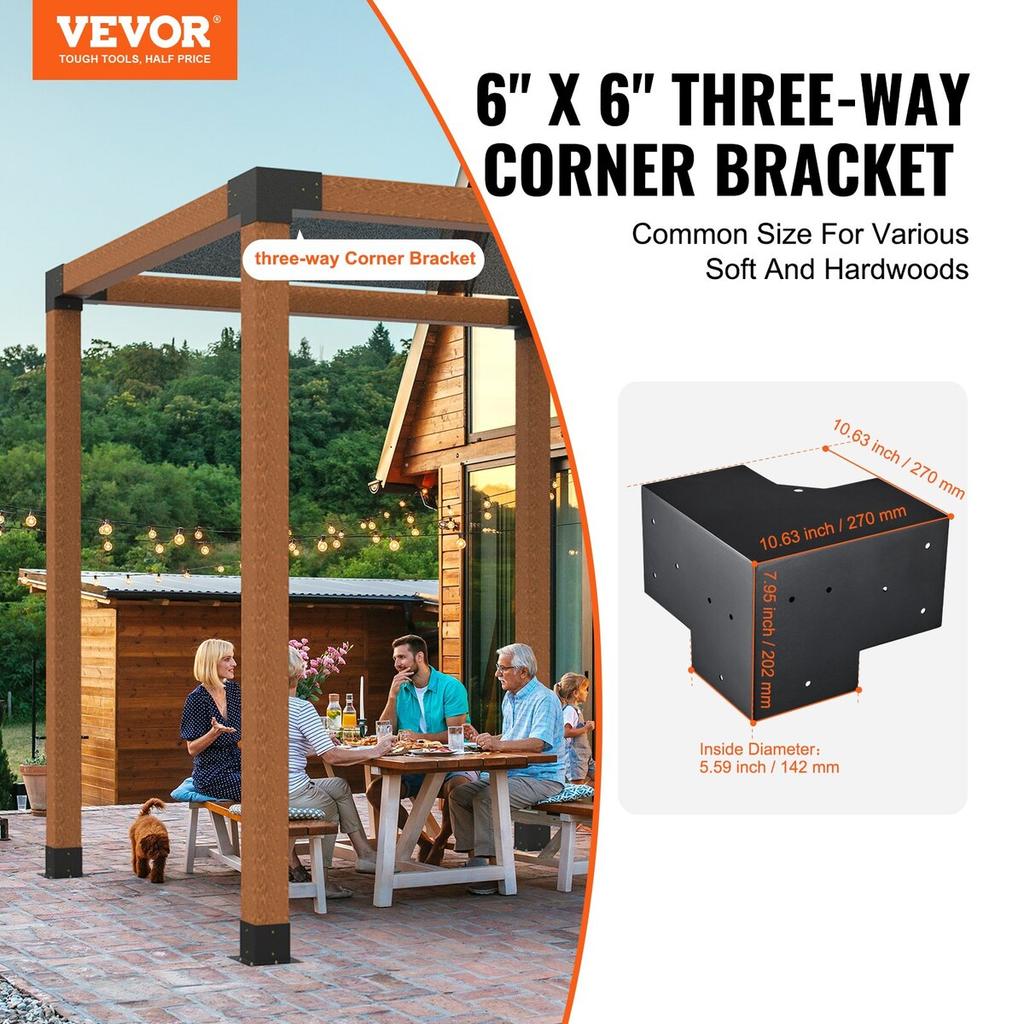 Pergola Bracket Kit 6''x6'', Inner Size 5.6"x5.6 4pcs 3-Way Heavy Duty Corner Bracket Woodworks DIY Post Base Kit, Easy Installation Wooden Beams for